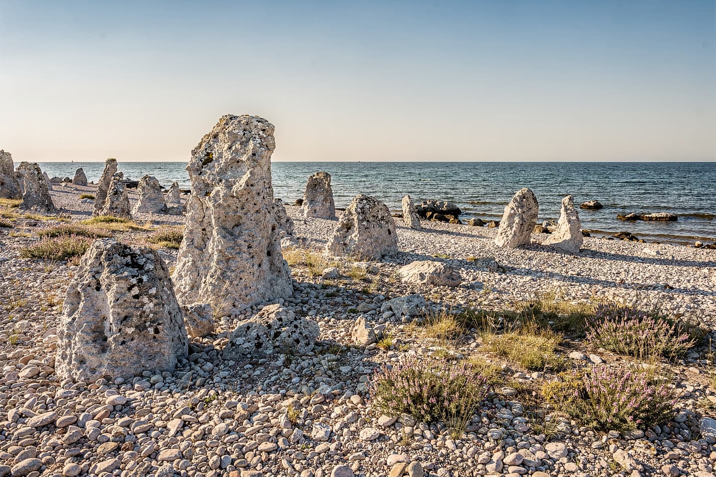 AI-generated: Raukar av kalksten på en stenstrand vid Gotlands kust